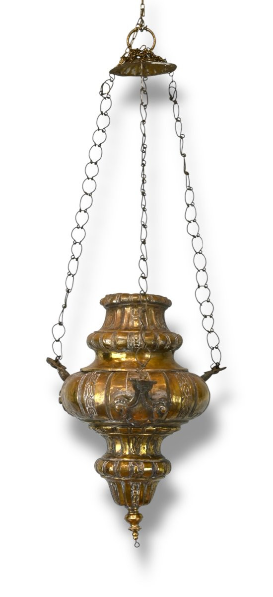 Coppia di Lampade Votive in Metallo Sbalzato e Dorato - Italia XVIII Secolo-photo-3